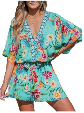 Cupshe Women Mini Beach Dress V Neck Floral Half Dolman Sleeve Belted Shorts
